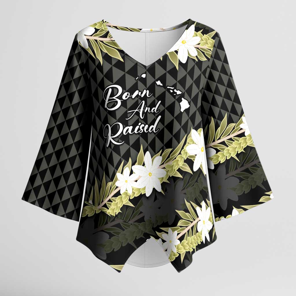 Born And Raised Aloha Hawaii Kimono Sleeve Blouse Kanaka Kakau Hawaiian Tiare Pakalana Lei LT14 Female Black - Polynesian Pride
