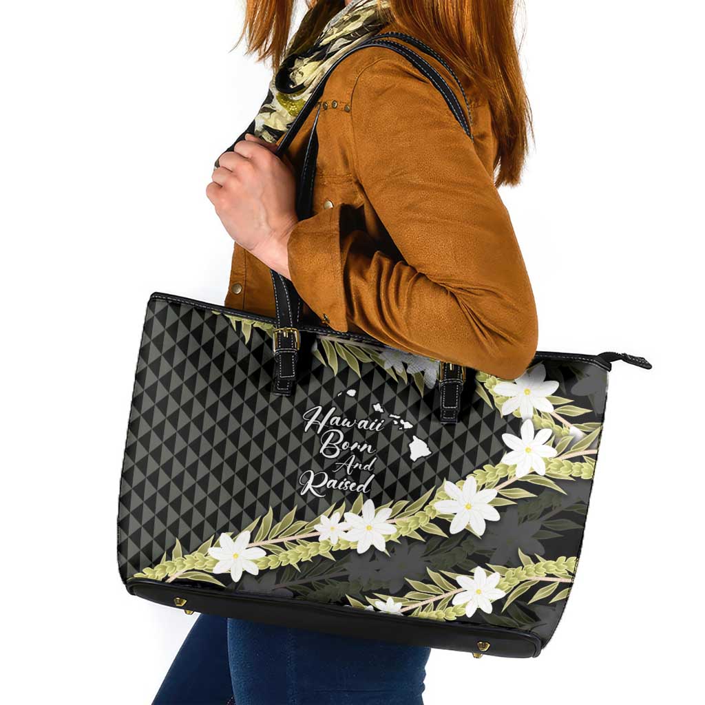 Born And Raised Aloha Hawaii Leather Tote Bag Kanaka Kakau Hawaiian Tiare Pakalana Lei LT14 Black - Polynesian Pride