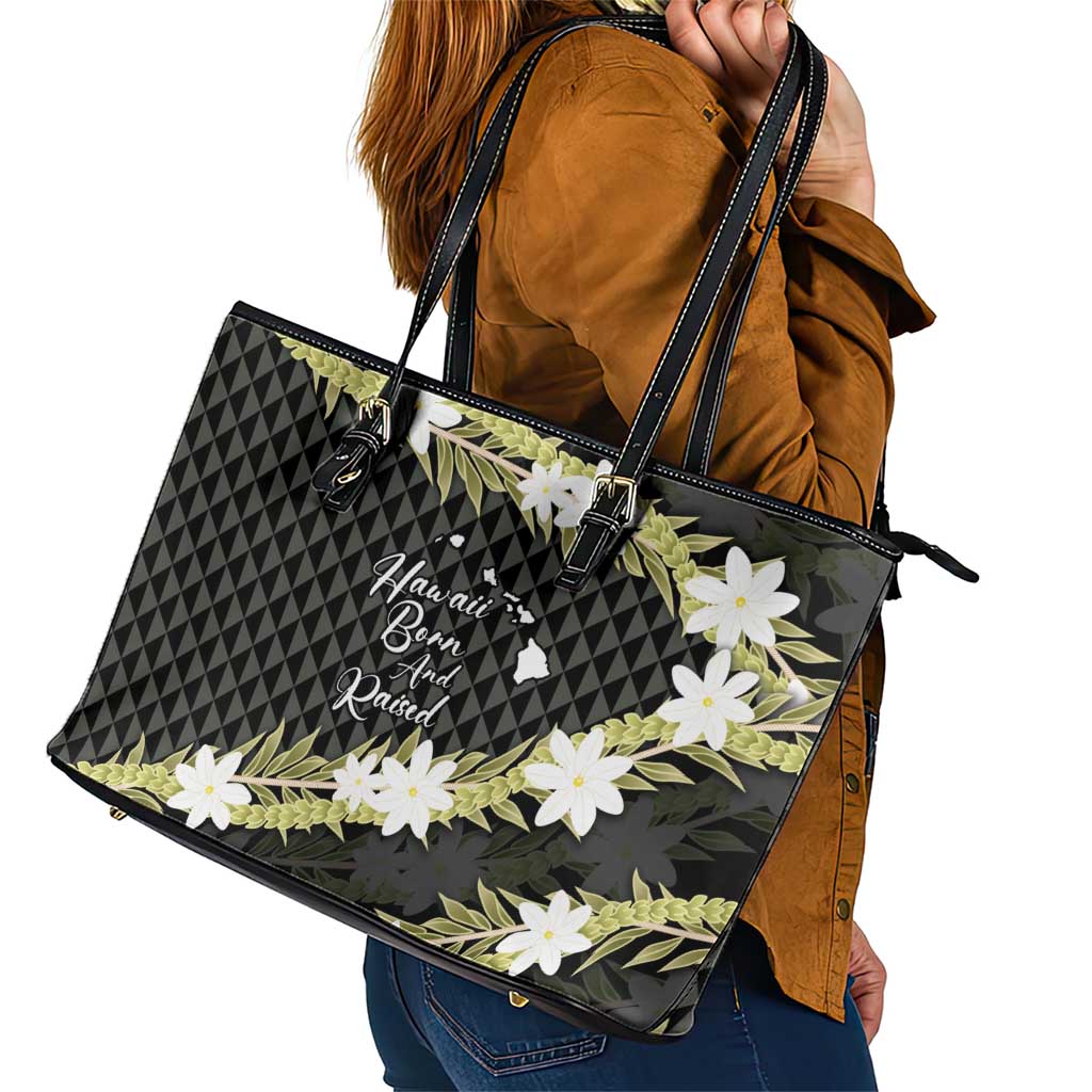 Born And Raised Aloha Hawaii Leather Tote Bag Kanaka Kakau Hawaiian Tiare Pakalana Lei LT14 - Polynesian Pride