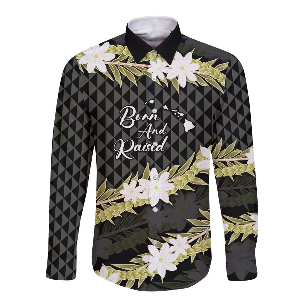 Born And Raised Aloha Hawaii Long Sleeve Button Shirt Kanaka Kakau Hawaiian Tiare Pakalana Lei LT14 Unisex Black - Polynesian Pride