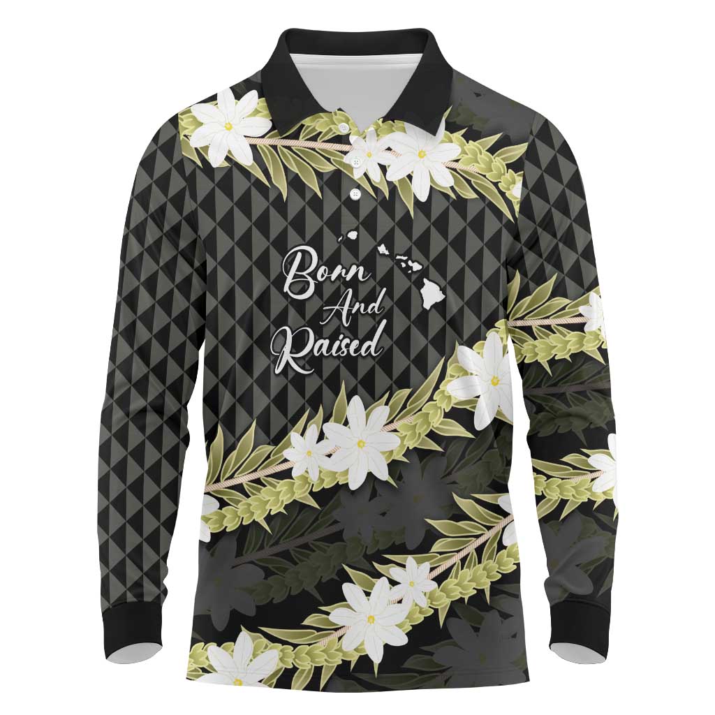 Born And Raised Aloha Hawaii Long Sleeve Polo Shirt Kanaka Kakau Hawaiian Tiare Pakalana Lei LT14 Black - Polynesian Pride