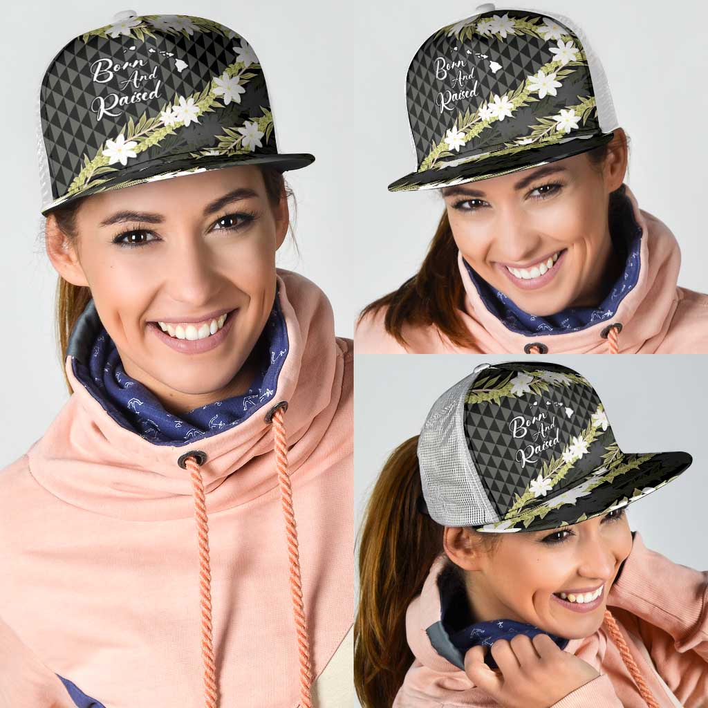 Born And Raised Aloha Hawaii Mesh Trucker Cap Kanaka Kakau Hawaiian Tiare Pakalana Lei LT14 - Polynesian Pride