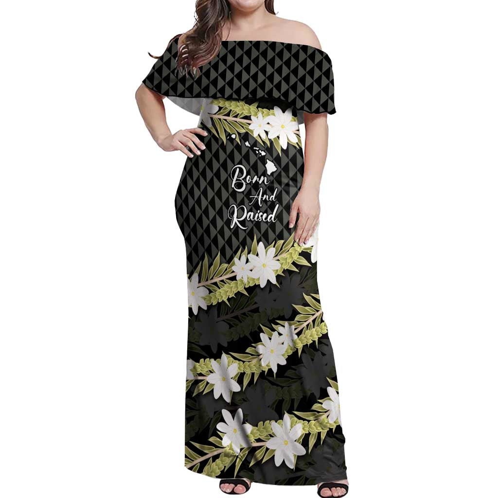 Born And Raised Aloha Hawaii Off Shoulder Maxi Dress Kanaka Kakau Hawaiian Tiare Pakalana Lei LT14 Women Black - Polynesian Pride