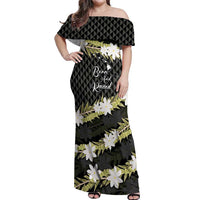 Born And Raised Aloha Hawaii Off Shoulder Maxi Dress Kanaka Kakau Hawaiian Tiare Pakalana Lei LT14 Women Black - Polynesian Pride