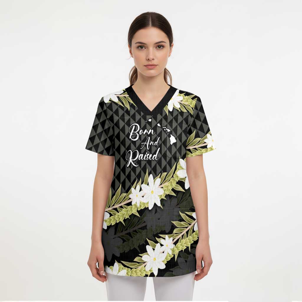 Born And Raised Aloha Hawaii Scrub Top Kanaka Kakau Hawaiian Tiare Pakalana Lei LT14 - Polynesian Pride