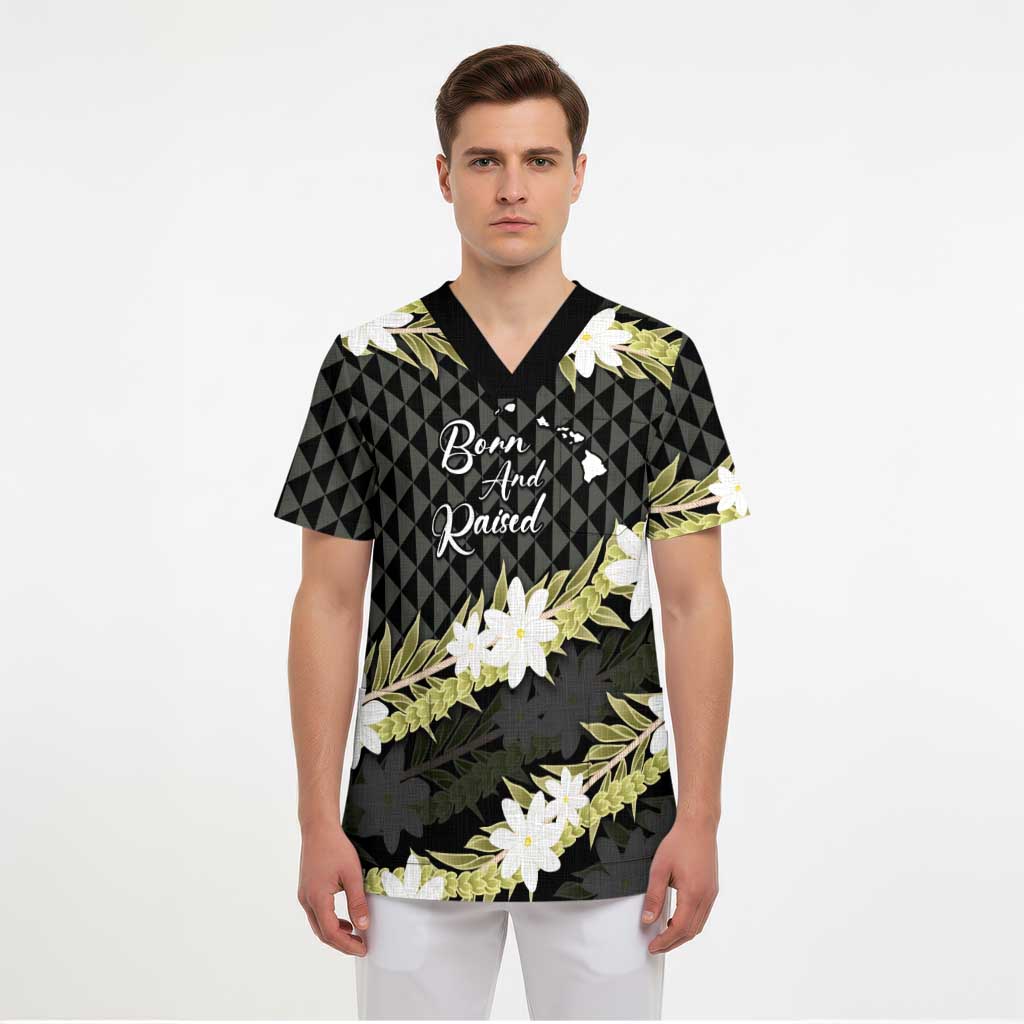 Born And Raised Aloha Hawaii Scrub Top Kanaka Kakau Hawaiian Tiare Pakalana Lei LT14 - Polynesian Pride