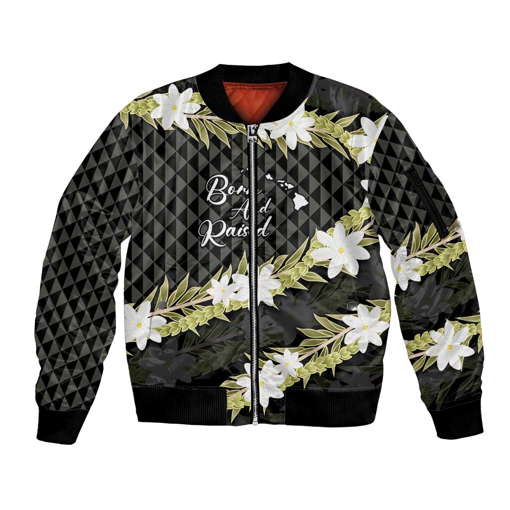Born And Raised Aloha Hawaii Sleeve Zip Bomber Jacket Kanaka Kakau Hawaiian Tiare Pakalana Lei LT14 Unisex Black - Polynesian Pride