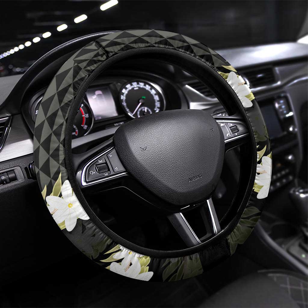 Born And Raised Aloha Hawaii Steering Wheel Cover Kanaka Kakau Hawaiian Tiare Pakalana Lei LT14 Universal Fit Black - Polynesian Pride