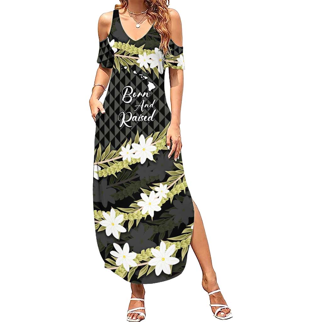 Born And Raised Aloha Hawaii Summer Maxi Dress Kanaka Kakau Hawaiian Tiare Pakalana Lei LT14 Women Black - Polynesian Pride
