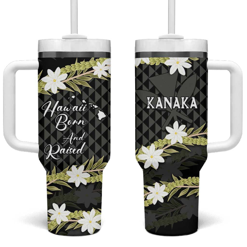 Born And Raised Aloha Hawaii Tumbler With Handle Kanaka Kakau Hawaiian Tiare Pakalana Lei LT14 One Size: 40 oz Black - Polynesian Pride