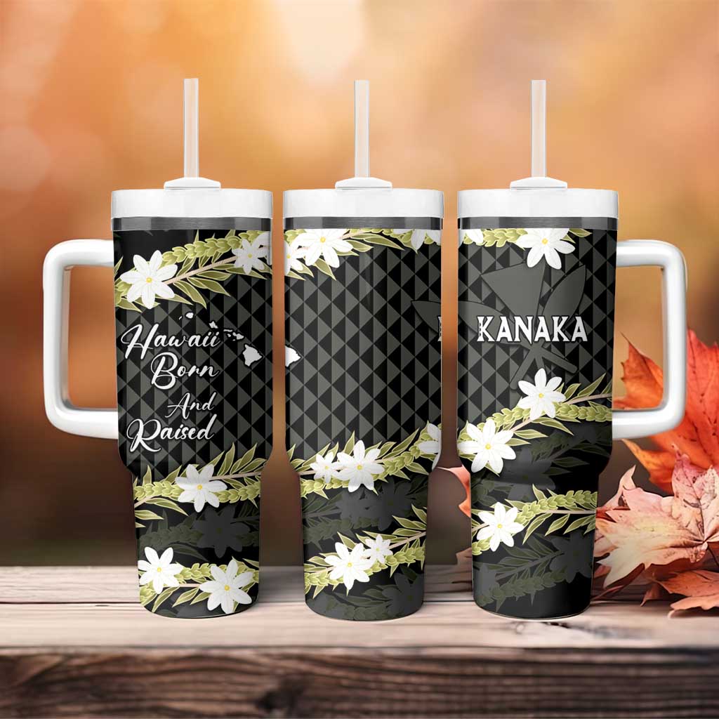 Born And Raised Aloha Hawaii Tumbler With Handle Kanaka Kakau Hawaiian Tiare Pakalana Lei LT14 - Polynesian Pride