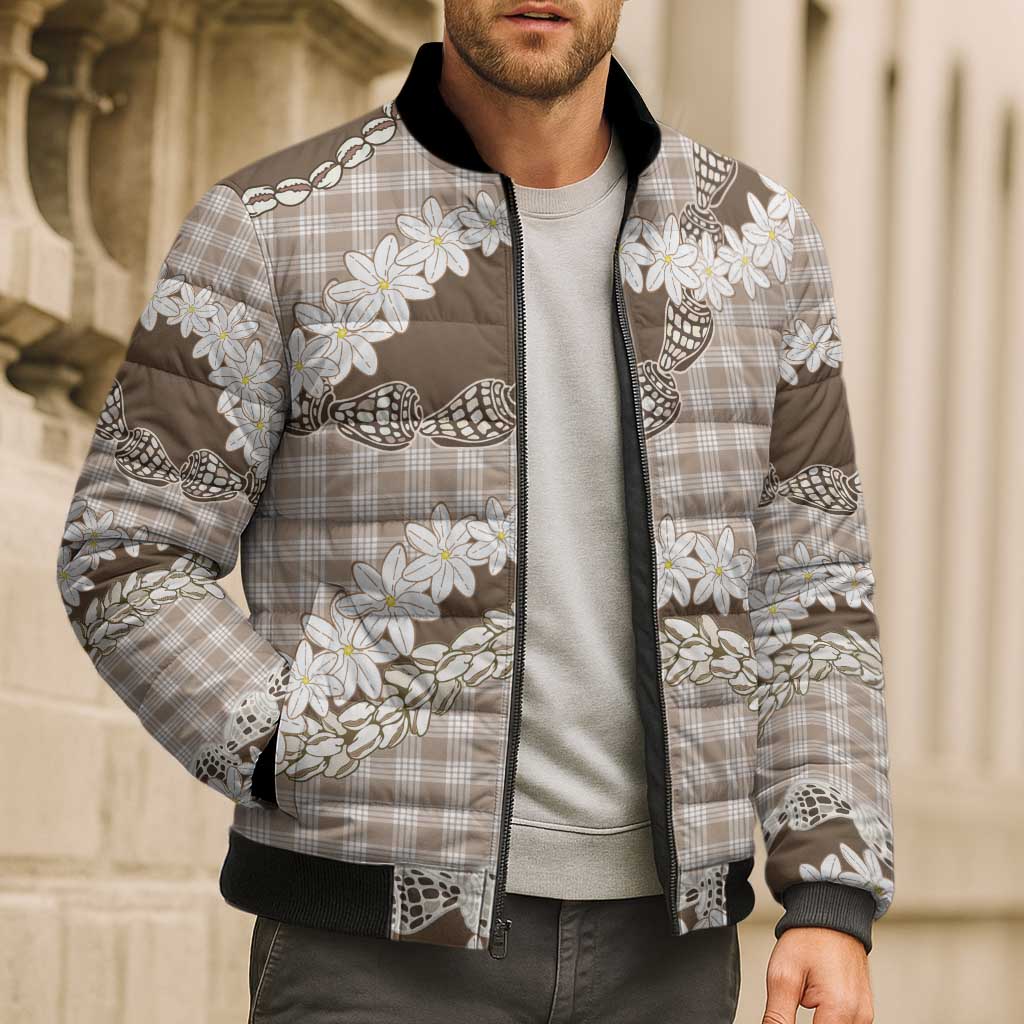Brown Hawaii Tiare and Shell Lei Bomber Puffer Jacket Hawaiian Palaka Luxury Vibes - Polynesian Pride