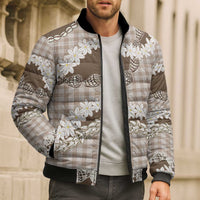 Brown Hawaii Tiare and Shell Lei Bomber Puffer Jacket Hawaiian Palaka Luxury Vibes - Polynesian Pride