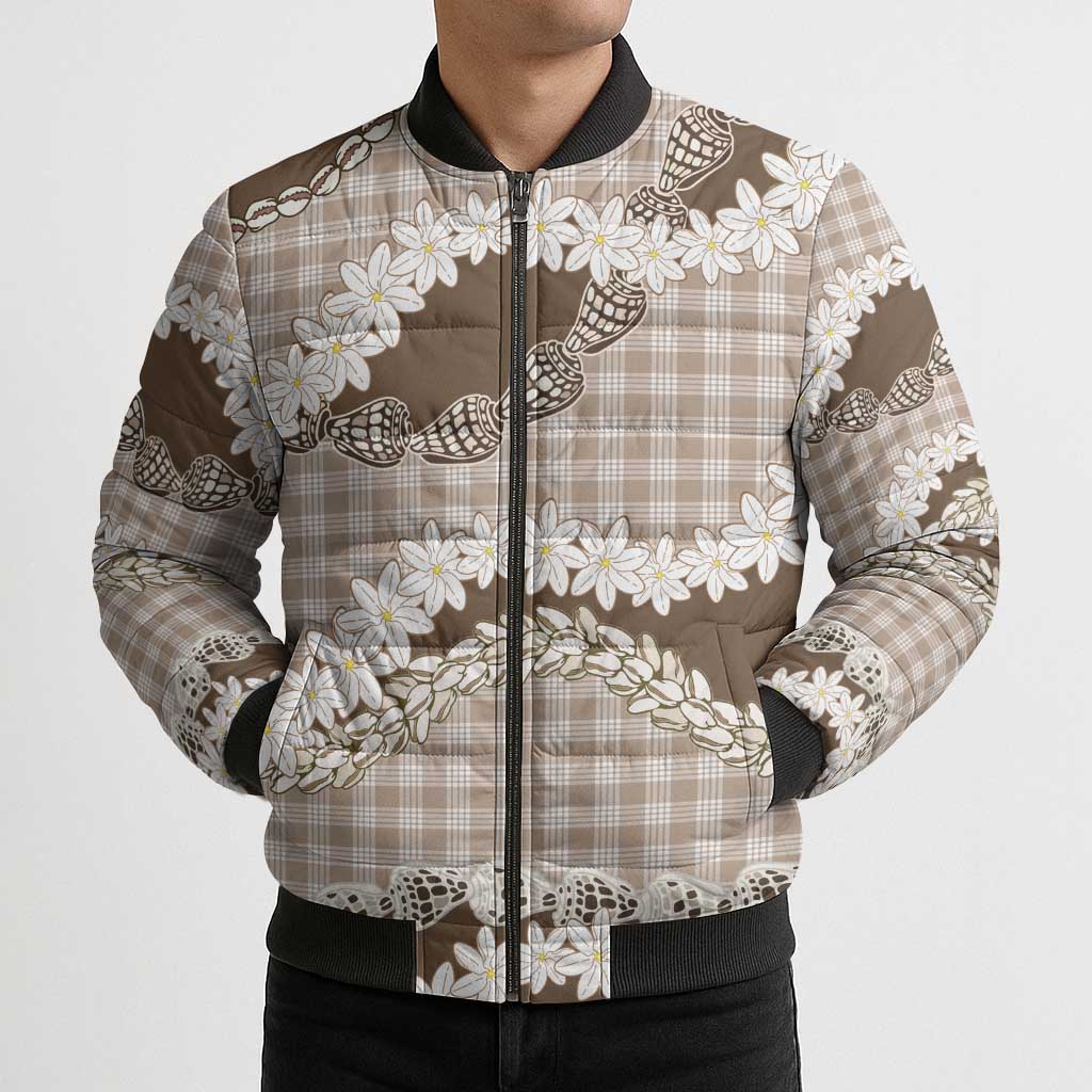 Brown Hawaii Tiare and Shell Lei Bomber Puffer Jacket Hawaiian Palaka Luxury Vibes - Polynesian Pride