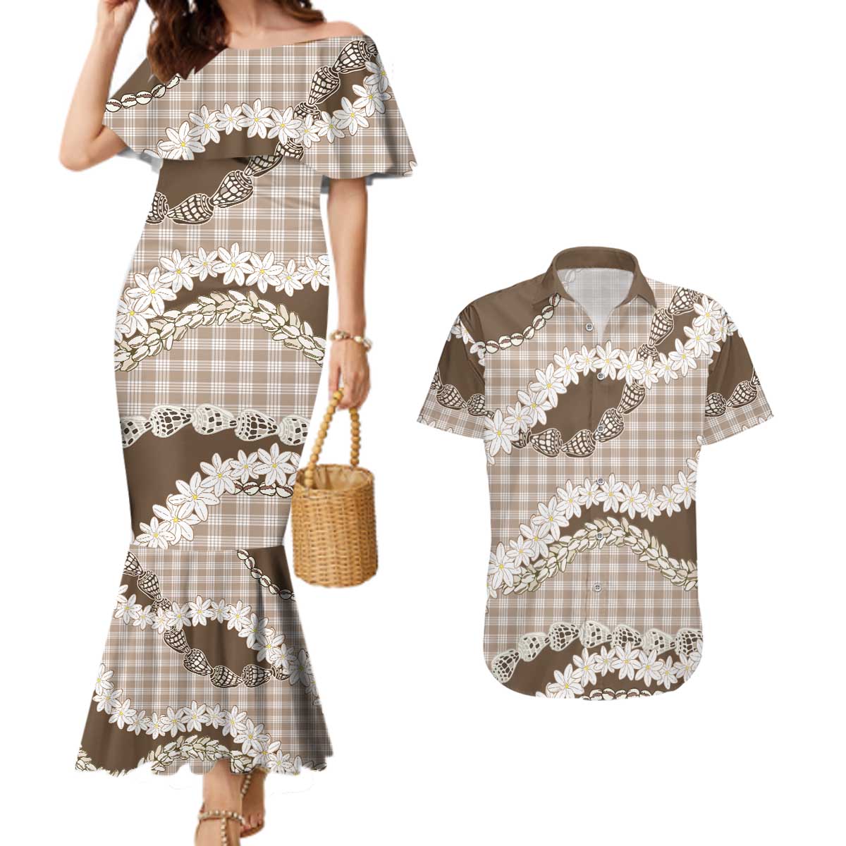 Brown Hawaii Tiare and Shell Lei Couples Matching Mermaid Dress and Hawaiian Shirt Hawaiian Palaka Luxury Vibes LT14 Brown - Polynesian Pride