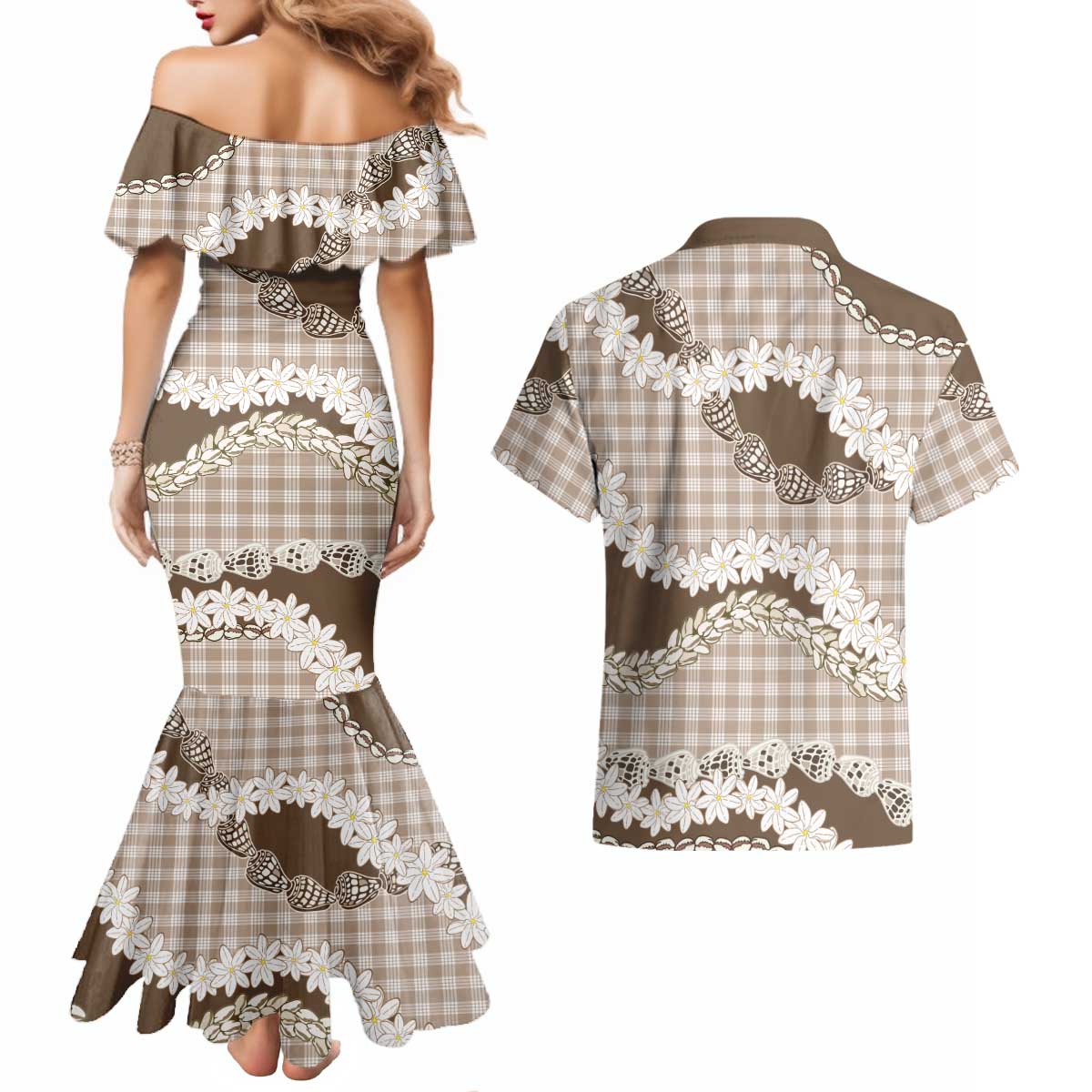 Brown Hawaii Tiare and Shell Lei Couples Matching Mermaid Dress and Hawaiian Shirt Hawaiian Palaka Luxury Vibes LT14 - Polynesian Pride