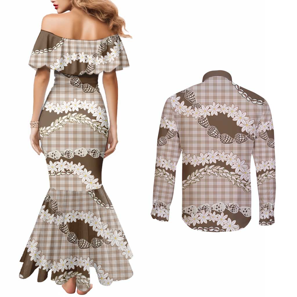Brown Hawaii Tiare and Shell Lei Couples Matching Mermaid Dress and Long Sleeve Button Shirt Hawaiian Palaka Luxury Vibes LT14 - Polynesian Pride