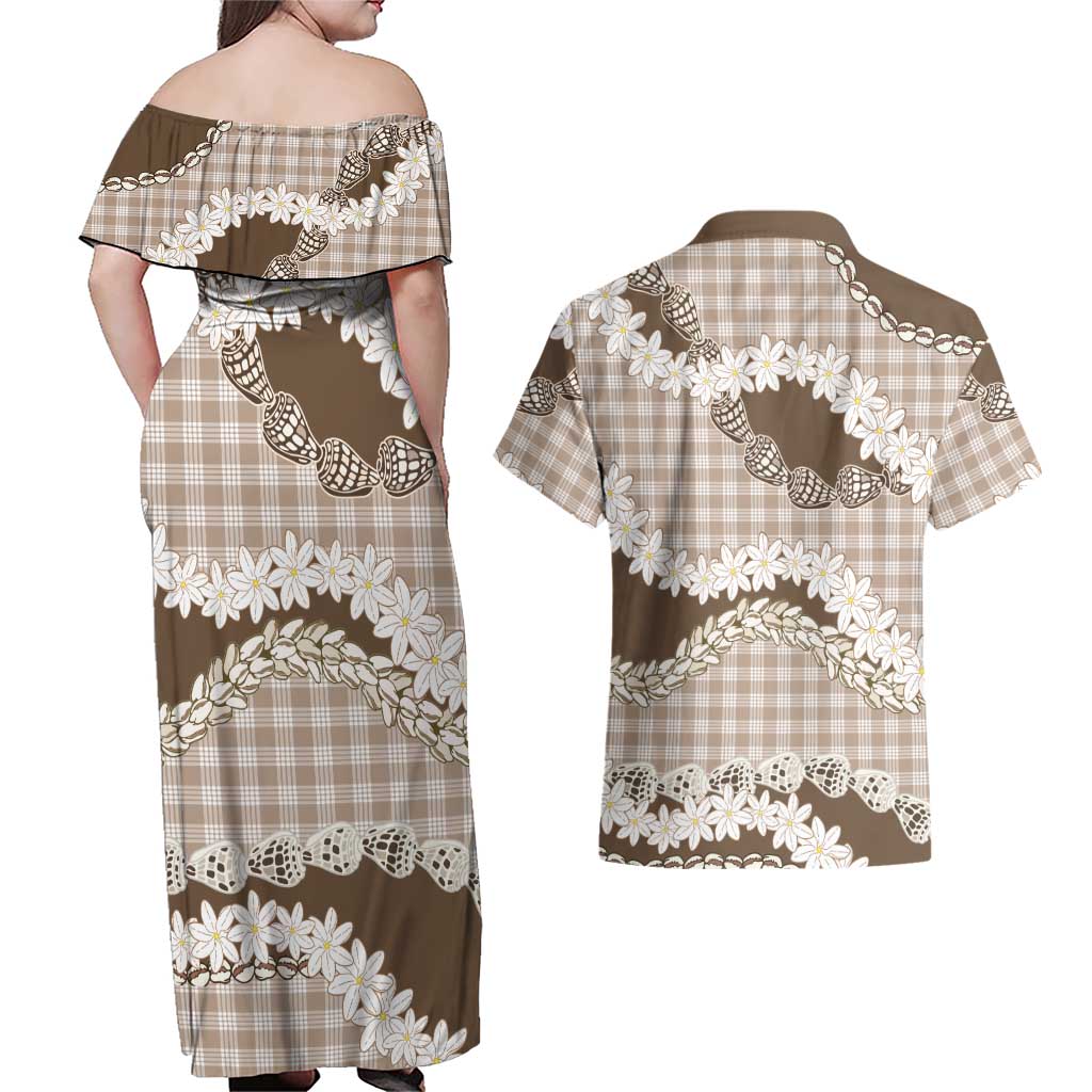 Brown Hawaii Tiare and Shell Lei Couples Matching Off Shoulder Maxi Dress and Hawaiian Shirt Hawaiian Palaka Luxury Vibes LT14 - Polynesian Pride