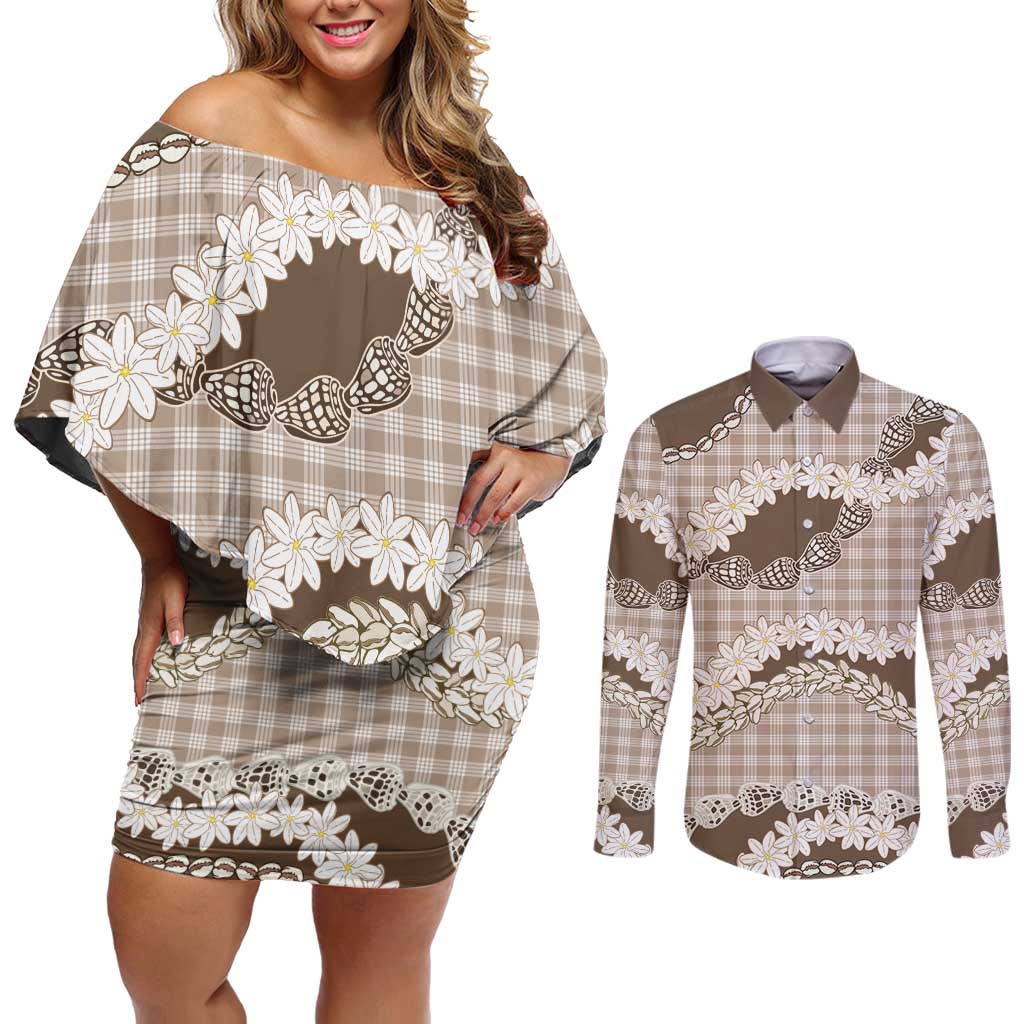 Brown Hawaii Tiare and Shell Lei Couples Matching Off Shoulder Short Dress and Long Sleeve Button Shirt Hawaiian Palaka Luxury Vibes LT14 Brown - Polynesian Pride
