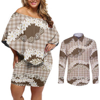 Brown Hawaii Tiare and Shell Lei Couples Matching Off Shoulder Short Dress and Long Sleeve Button Shirt Hawaiian Palaka Luxury Vibes LT14 Brown - Polynesian Pride