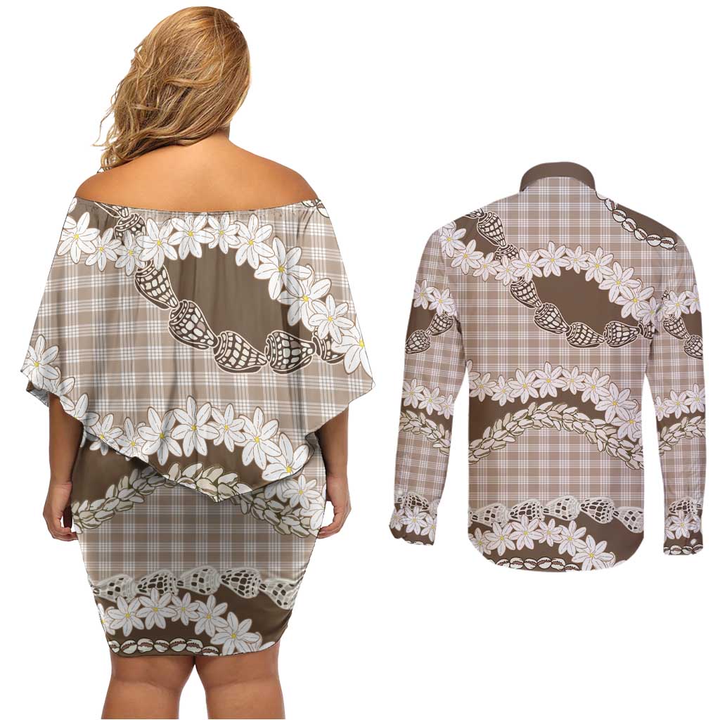 Brown Hawaii Tiare and Shell Lei Couples Matching Off Shoulder Short Dress and Long Sleeve Button Shirt Hawaiian Palaka Luxury Vibes LT14 - Polynesian Pride