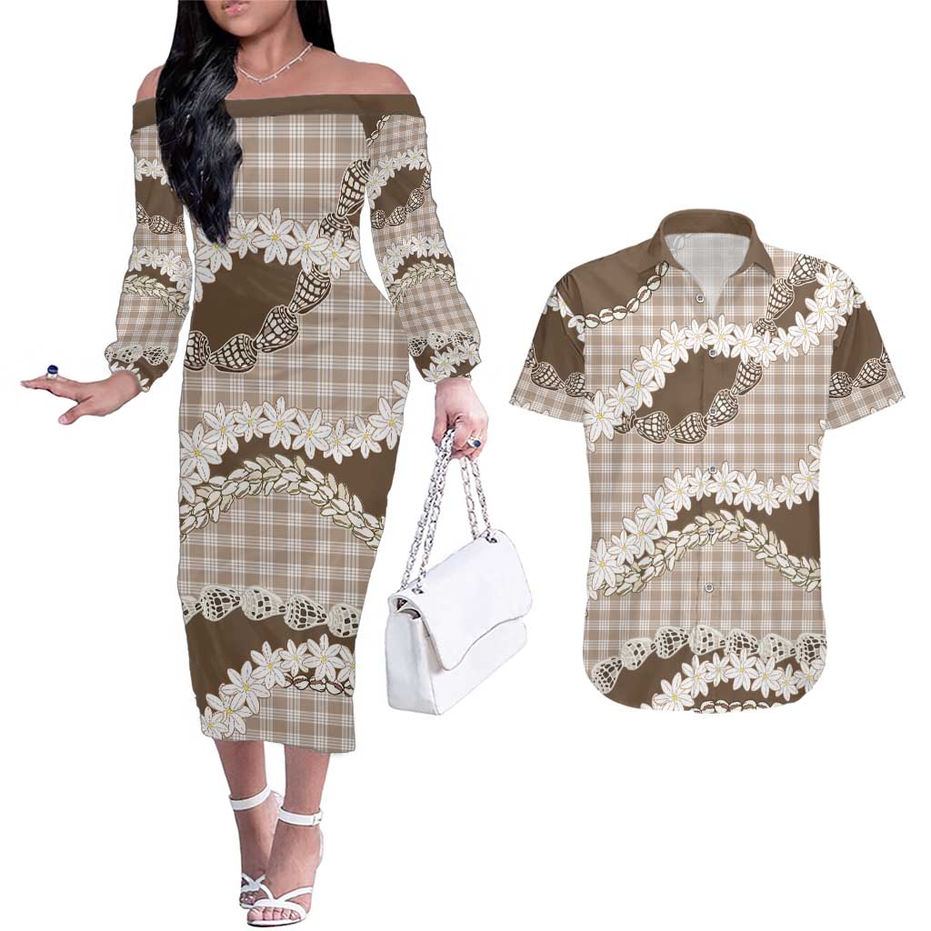 Brown Hawaii Tiare and Shell Lei Couples Matching Off The Shoulder Long Sleeve Dress and Hawaiian Shirt Hawaiian Palaka Luxury Vibes - Polynesian Pride