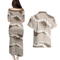 Brown Hawaii Tiare and Shell Lei Couples Matching Puletasi and Hawaiian Shirt Hawaiian Palaka Luxury Vibes LT14 - Polynesian Pride
