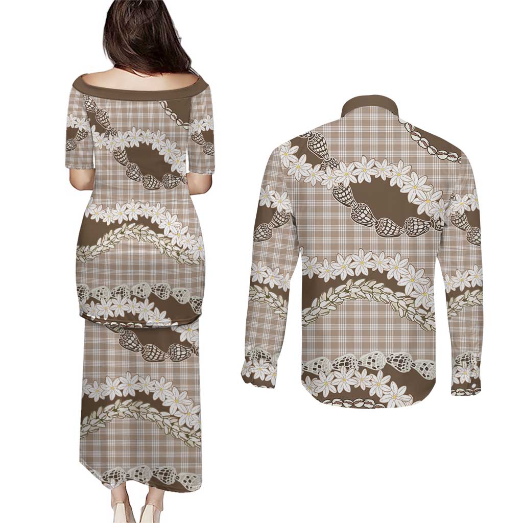 Brown Hawaii Tiare and Shell Lei Couples Matching Puletasi and Long Sleeve Button Shirt Hawaiian Palaka Luxury Vibes - Polynesian Pride