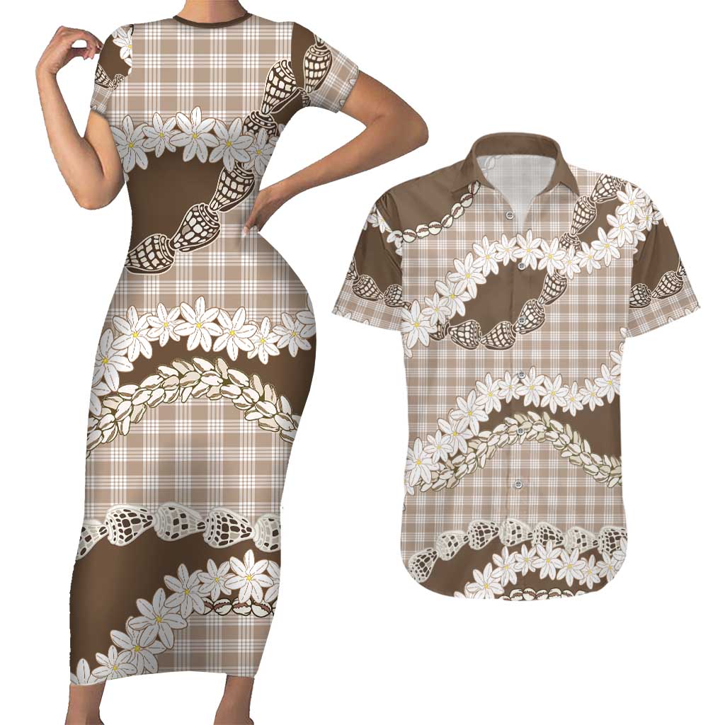 Brown Hawaii Tiare and Shell Lei Couples Matching Short Sleeve Bodycon Dress and Hawaiian Shirt Hawaiian Palaka Luxury Vibes LT14 Brown - Polynesian Pride