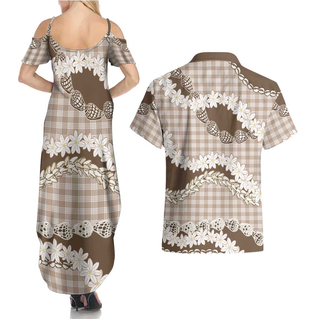 Brown Hawaii Tiare and Shell Lei Couples Matching Summer Maxi Dress and Hawaiian Shirt Hawaiian Palaka Luxury Vibes LT14 - Polynesian Pride