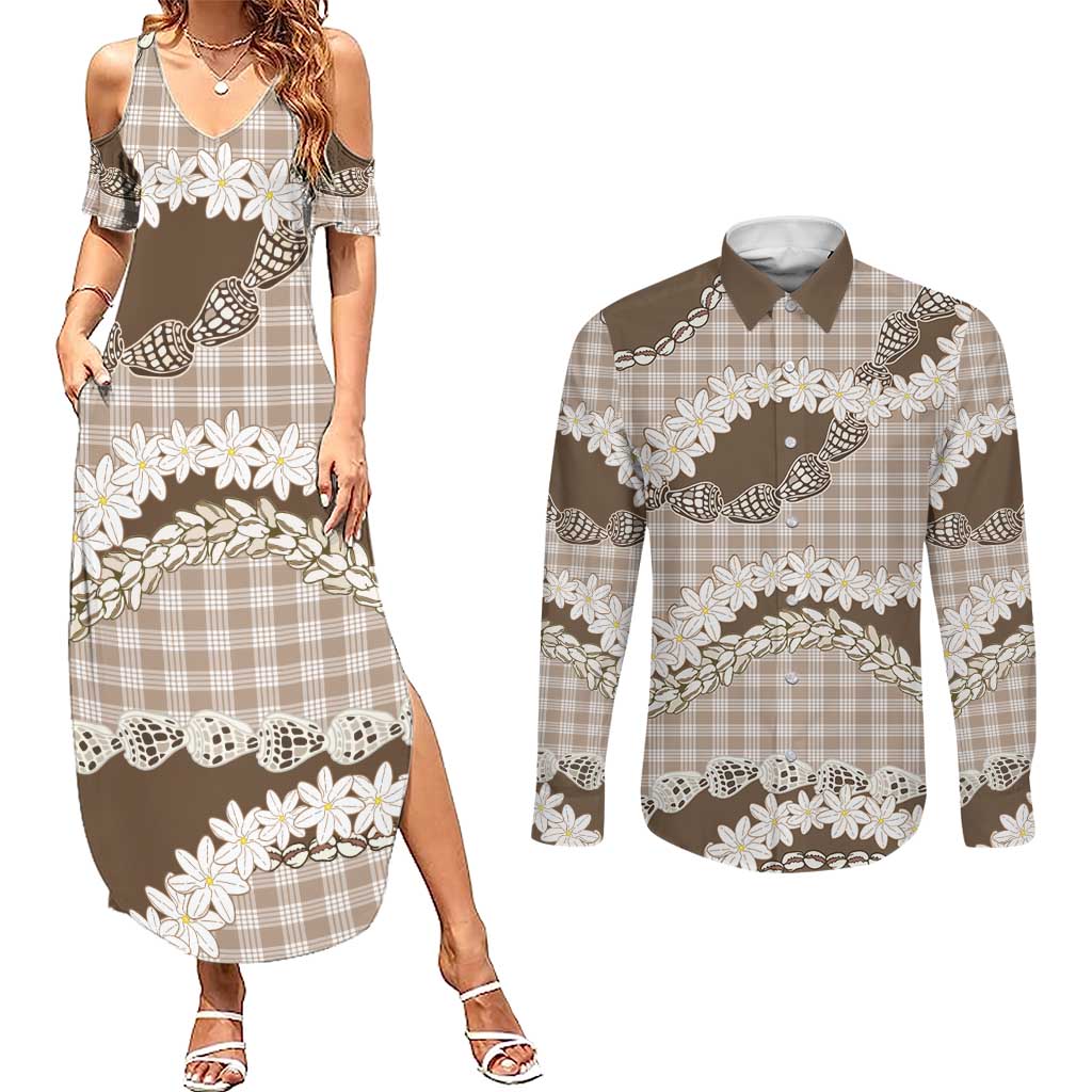 Brown Hawaii Tiare and Shell Lei Couples Matching Summer Maxi Dress and Long Sleeve Button Shirt Hawaiian Palaka Luxury Vibes LT14 Brown - Polynesian Pride