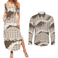Brown Hawaii Tiare and Shell Lei Couples Matching Summer Maxi Dress and Long Sleeve Button Shirt Hawaiian Palaka Luxury Vibes LT14 Brown - Polynesian Pride