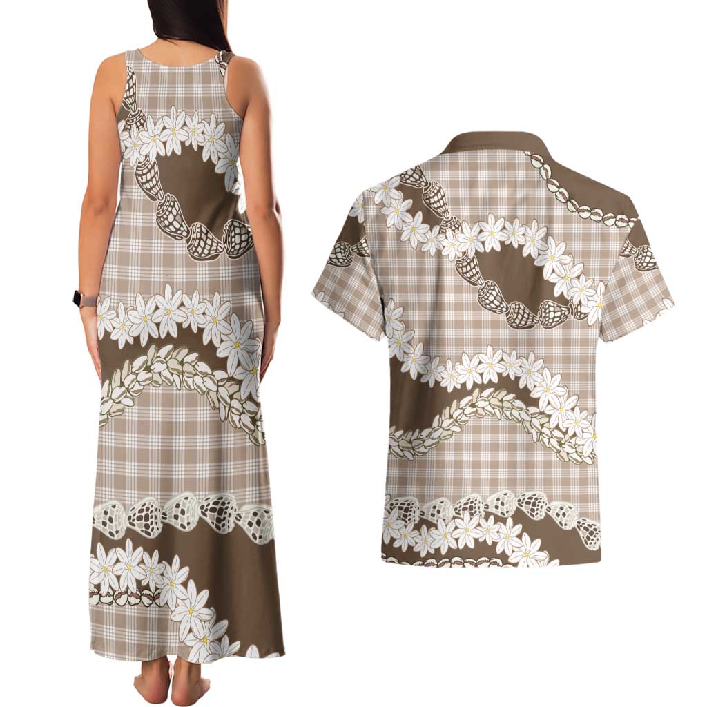 Brown Hawaii Tiare and Shell Lei Couples Matching Tank Maxi Dress and Hawaiian Shirt Hawaiian Palaka Luxury Vibes LT14 - Polynesian Pride