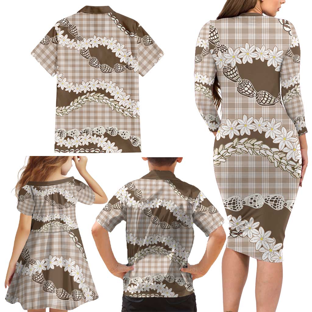 Brown Hawaii Tiare and Shell Lei Family Matching Long Sleeve Bodycon Dress and Hawaiian Shirt Hawaiian Palaka Luxury Vibes LT14 - Polynesian Pride