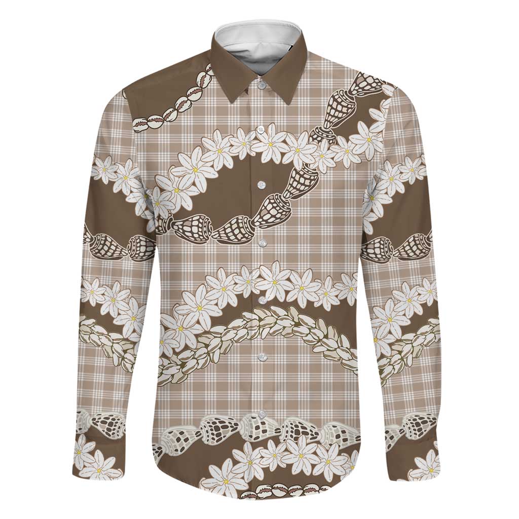 Brown Hawaii Tiare and Shell Lei Family Matching Long Sleeve Bodycon Dress and Hawaiian Shirt Hawaiian Palaka Luxury Vibes LT14 Dad's Shirt - Long Sleeve Brown - Polynesian Pride