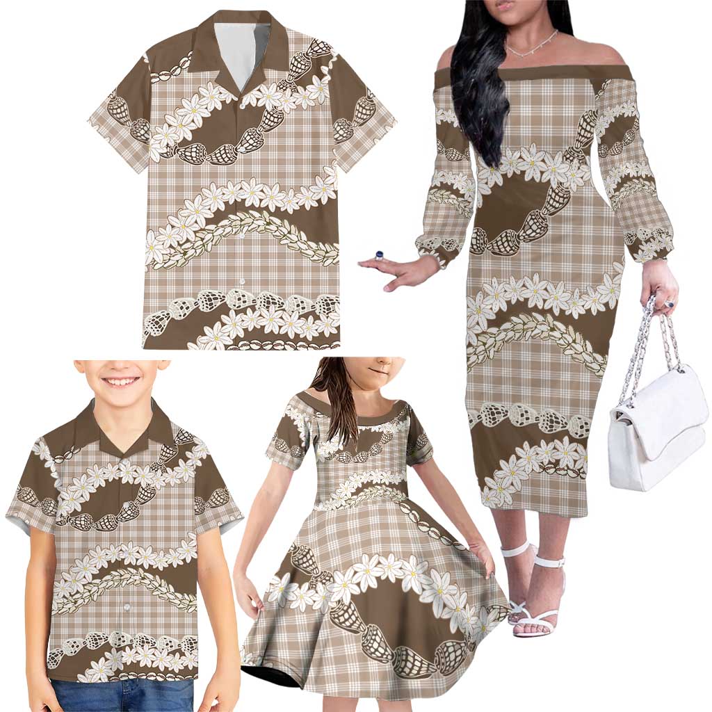 Brown Hawaii Tiare and Shell Lei Family Matching Off The Shoulder Long Sleeve Dress and Hawaiian Shirt Hawaiian Palaka Luxury Vibes - Polynesian Pride