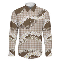 Brown Hawaii Tiare and Shell Lei Family Matching Off The Shoulder Long Sleeve Dress and Hawaiian Shirt Hawaiian Palaka Luxury Vibes LT14 Dad's Shirt - Long Sleeve Brown - Polynesian Pride