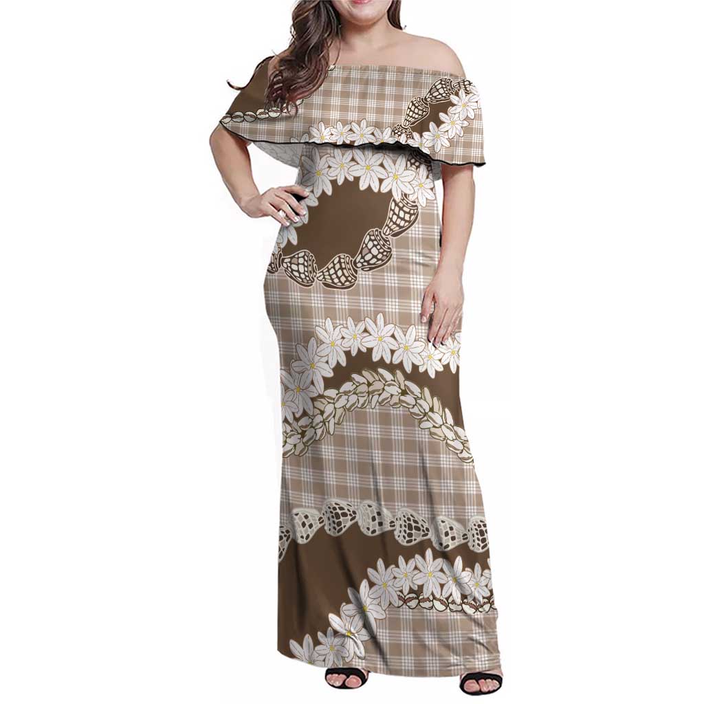 Brown Hawaii Tiare and Shell Lei Family Matching Off Shoulder Maxi Dress and Hawaiian Shirt Hawaiian Palaka Luxury Vibes LT14 Mom's Dress Brown - Polynesian Pride