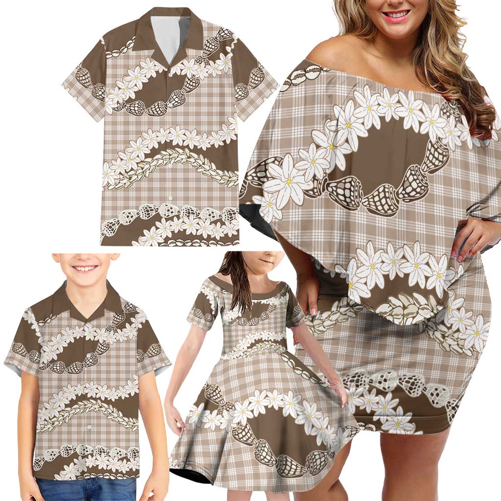 Brown Hawaii Tiare and Shell Lei Family Matching Off Shoulder Short Dress and Hawaiian Shirt Hawaiian Palaka Luxury Vibes - Polynesian Pride