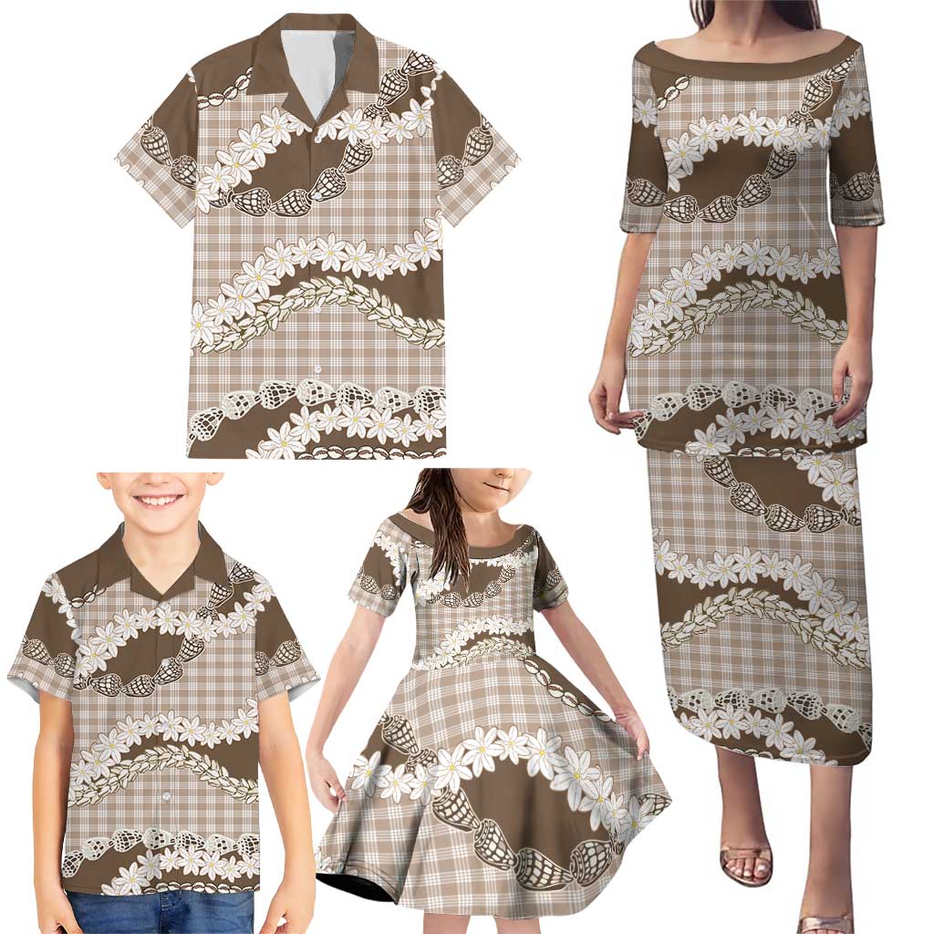 Brown Hawaii Tiare and Shell Lei Family Matching Puletasi and Hawaiian Shirt Hawaiian Palaka Luxury Vibes - Polynesian Pride