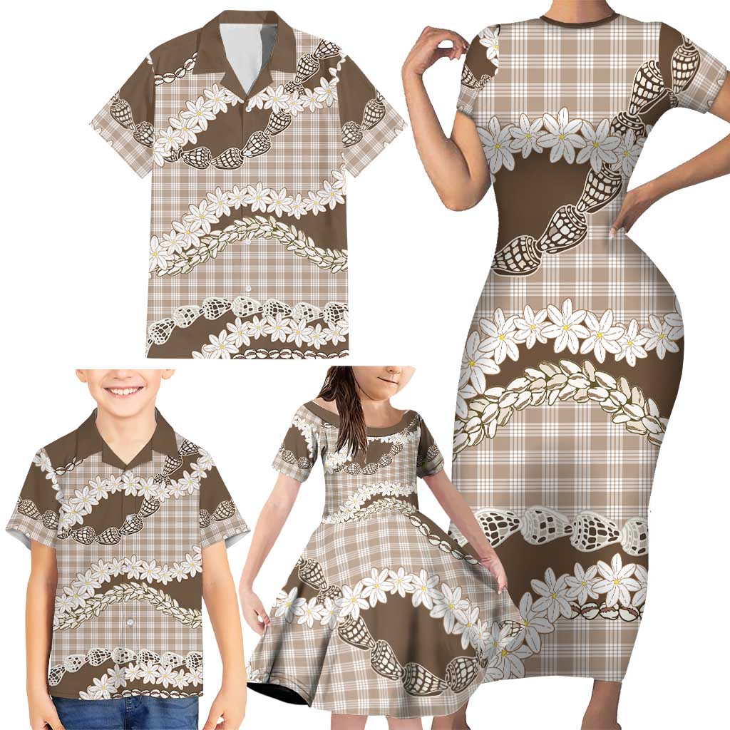 Brown Hawaii Tiare and Shell Lei Family Matching Short Sleeve Bodycon Dress and Hawaiian Shirt Hawaiian Palaka Luxury Vibes LT14 - Polynesian Pride