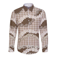 Brown Hawaii Tiare and Shell Lei Long Sleeve Button Shirt Hawaiian Palaka Luxury Vibes LT14 Unisex Brown - Polynesian Pride