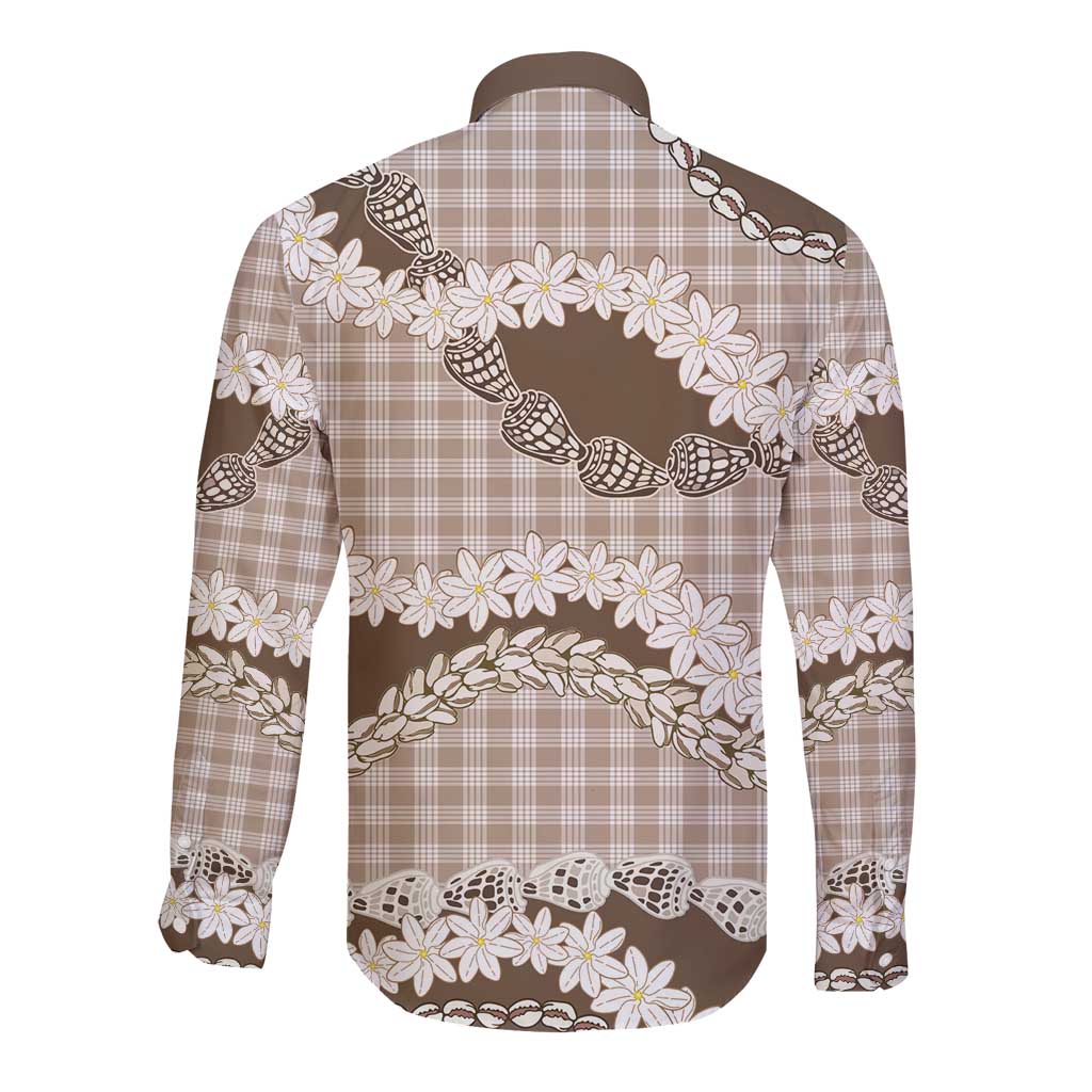 Brown Hawaii Tiare and Shell Lei Long Sleeve Button Shirt Hawaiian Palaka Luxury Vibes LT14 - Polynesian Pride