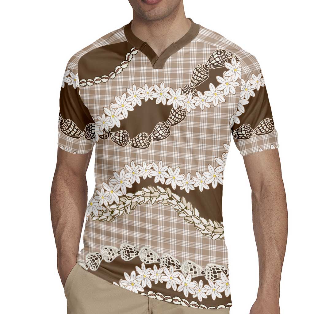 Brown Hawaii Tiare and Shell Lei Rugby Jersey Hawaiian Palaka Luxury Vibes - Polynesian Pride