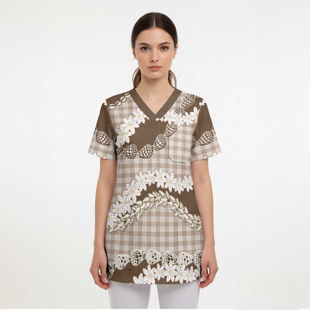 Brown Hawaii Tiare and Shell Lei Scrub Top Hawaiian Palaka Luxury Vibes - Polynesian Pride