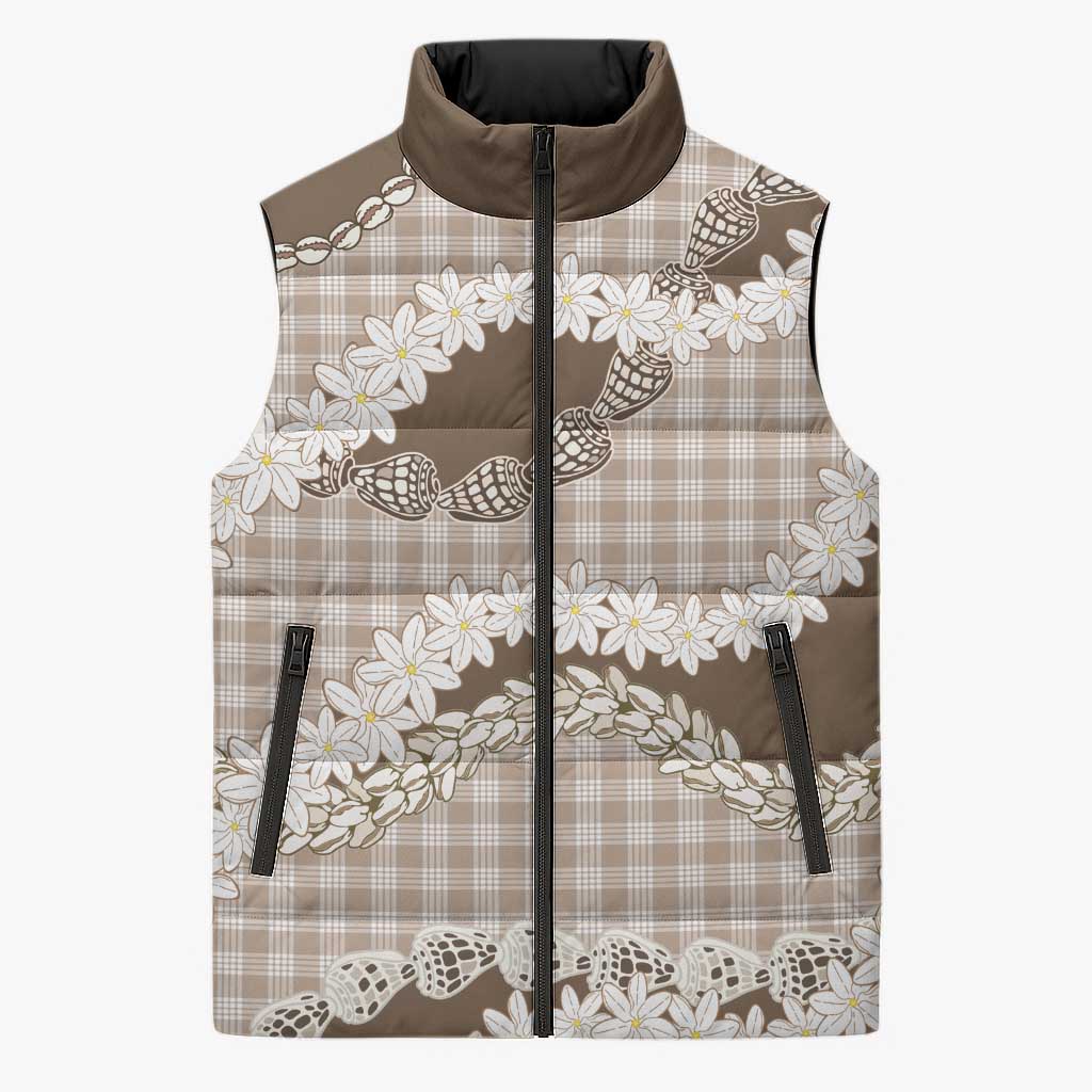 Brown Hawaii Tiare and Shell Lei Sleeveless Puffer Jacket Hawaiian Palaka Luxury Vibes - Polynesian Pride