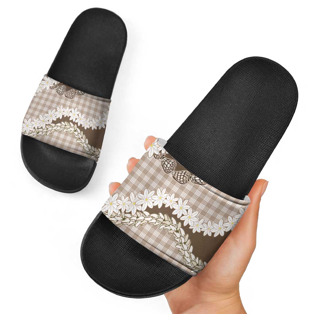 Brown Hawaii Tiare and Shell Lei Slide Sandals Hawaiian Palaka Luxury Vibes - Polynesian Pride