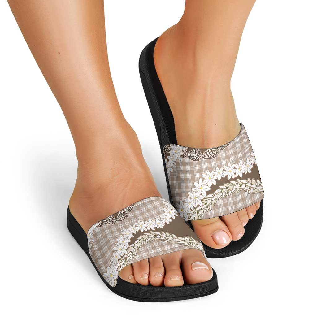Brown Hawaii Tiare and Shell Lei Slide Sandals Hawaiian Palaka Luxury Vibes - Polynesian Pride