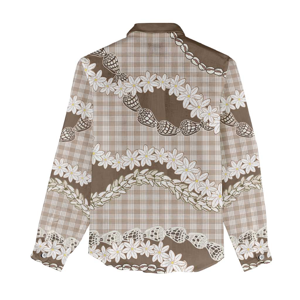 Brown Hawaii Tiare and Shell Lei Women Casual Shirt Hawaiian Palaka Luxury Vibes - Polynesian Pride