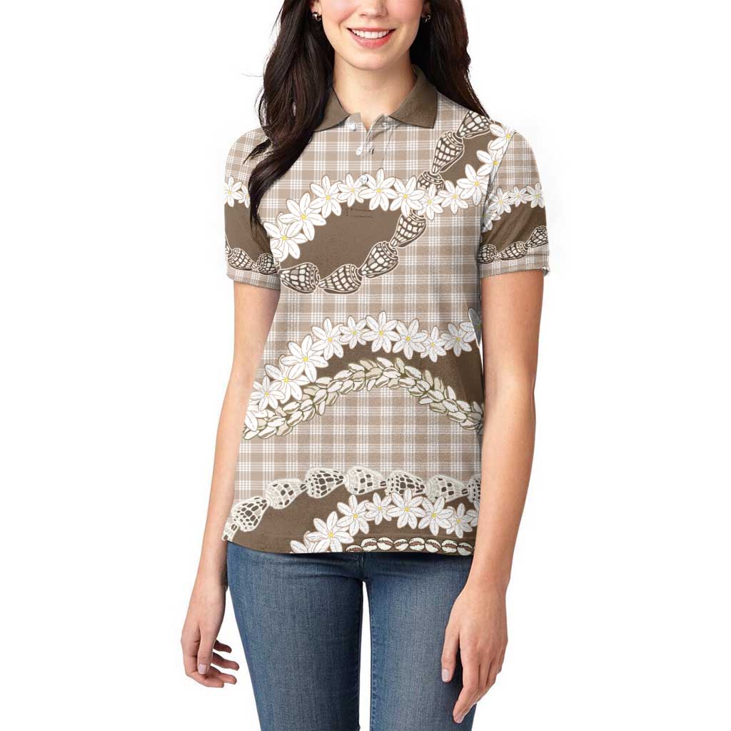 Brown Hawaii Tiare and Shell Lei Women Polo Shirt Hawaiian Palaka Luxury Vibes - Polynesian Pride
